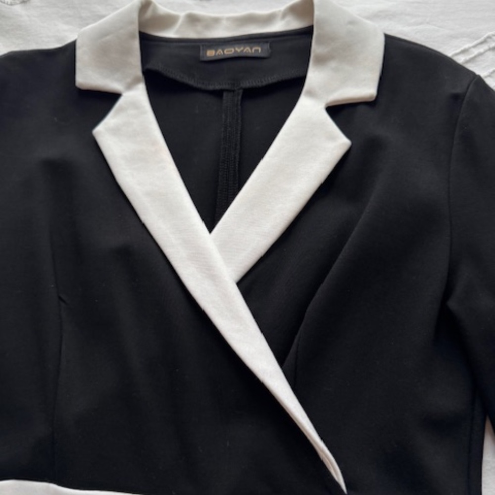 Toxedo Style Faux Wrap Dress - Black & White - Size M